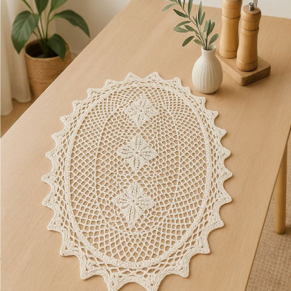 Háčkovaný - krajkový obrus OVÁL 40x90 cm, natur 21