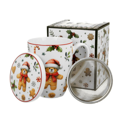 VIanočný porcelánový bylinkový hrnček - medvedíky 0,36l so sitkom v krabičke