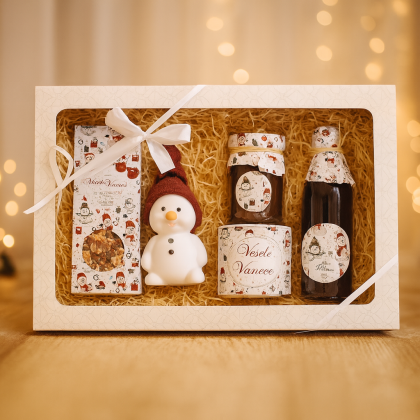 Darčekový balíček Snehuliak - čaj, káva, sirup, džem