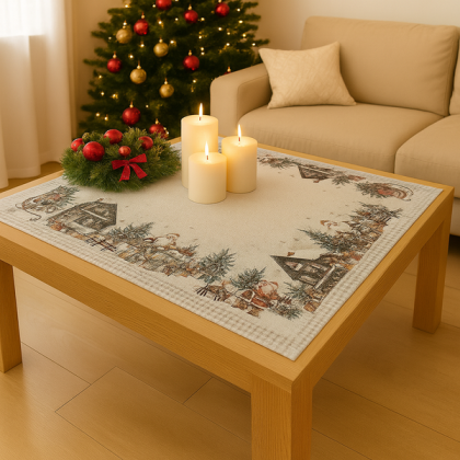 Zimný bežový obrus na stôl 85x85 cm, dedinka 5493 Zimný bežový obrus na stôl 85x85 cm, dedinka 5493