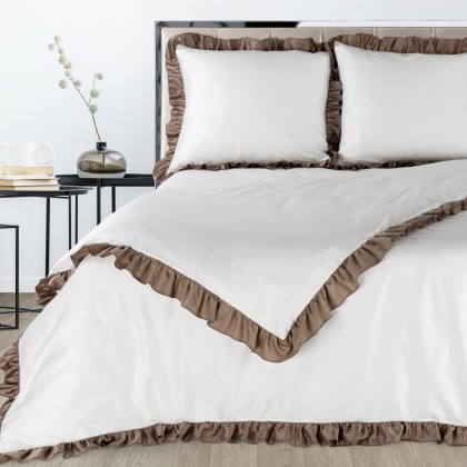 Romantická posteľná súprava NOVA biela ELIZA s kontrastným hnedým volánom