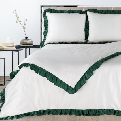 Romantická posteľná súprava NOVA biela ELIZA tmavozelený volán