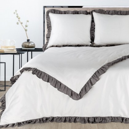 Romantická posteľná súprava NOVA biela ELIZA s kontrastným sivým volánom
