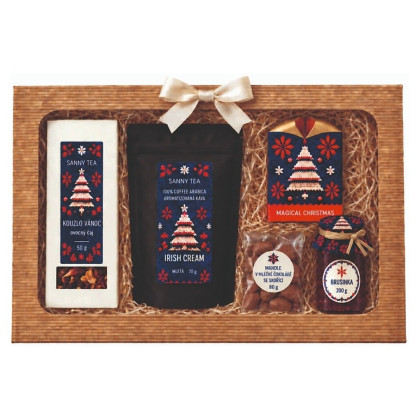 Darčekový balíček Magical Christmas - čaj, káva, mandle, džem, sviečka