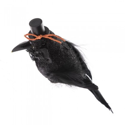 Vrana s klobúčikom a so štipcom 17cm, HALLOWEEN dekorácia