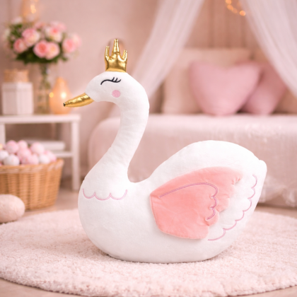 Plyšák - Plyšová hračka / 50cm vankúš Labuť biela so zlatou korunkou
