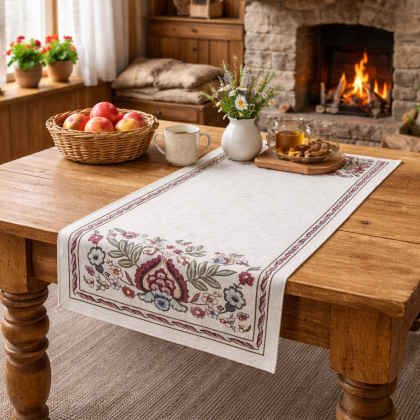 Žinilkový behúň na stôl  – folklórny kvetinový vzor 4095