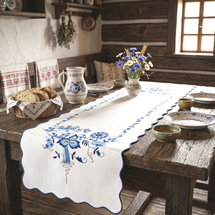 Vyšívaný modro biely 40x140 cm behúň - stredová šerpa 5898 Vyšívaný modro biely 40x140 cm behúň - stredová šerpa 5898