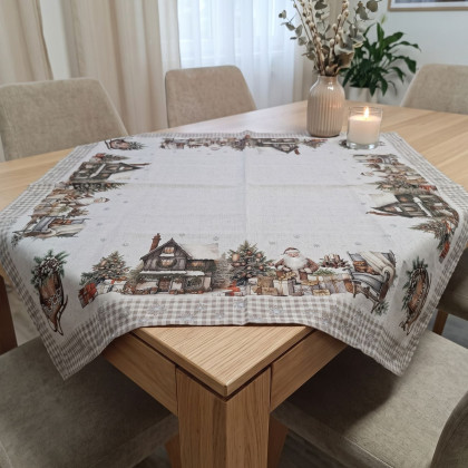 Zimný bežový obrus na stôl 85x85 cm, dedinka 5493 Zimný bežový obrus na stôl 85x85 cm, dedinka 5493