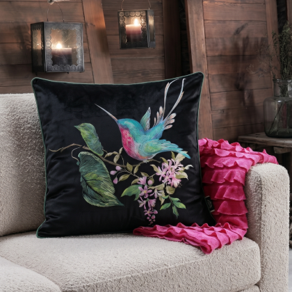 zamatová obliečka na vankúš s pastelovou potlačou VELVET 177 Kolibrík