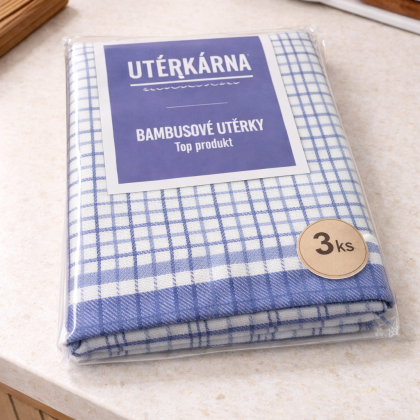 Bambusové bavlnené 3ks kuchynské utierky 06 malá kocka modrá