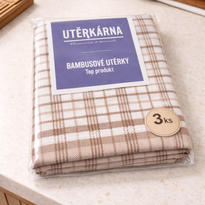 Bambusové bavlnené 3ks kuchynské utierky 34 malá kocka hnedá