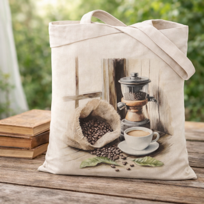 Nákupná taška bavlnená - 4 vrecko kávy a mlynček