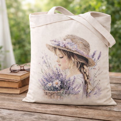 Nákupná taška bavlnená - 14 dievča s levanduľou