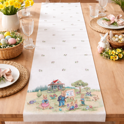 Veľkonočný jarný 45x140 cm behúň - šerpa 1184 Zajkovia pri domčeku