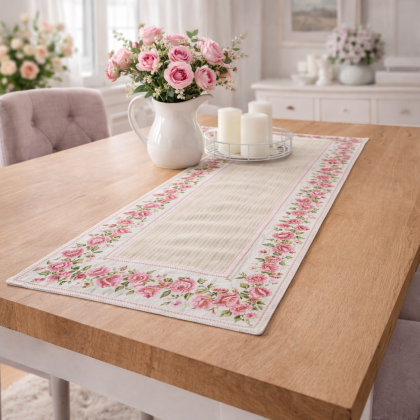 Bavlnený obrus – behúň 45 × 90 cm, divé ruže a margarétky 6377 Bavlnený obrus – behúň 45 × 90 cm, divé ruže a margarétky 6377