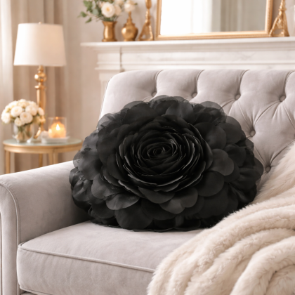 Okrúhla dekoračná obliečka FLORES – 3D kvet, čierna, 40 cm