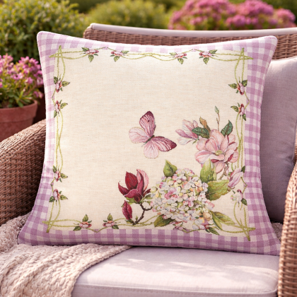 Gobelínová obliečka na vankúš 1225 Motyľ, károvaný fialový okraj