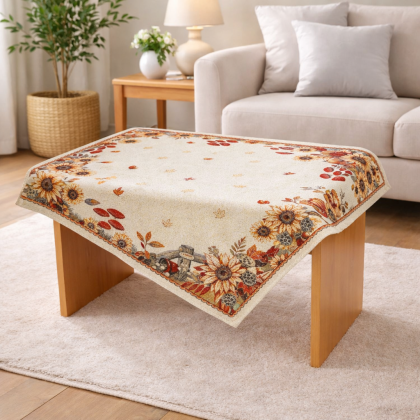 Gobelínový obrus 059C, jesenný motív so slnečnicou, dyňou a muchotrávkou