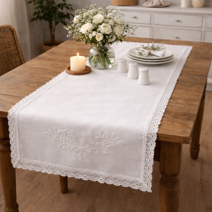 Krajkový behúň - šerpa na stôl, 052 biela s natur krajkou