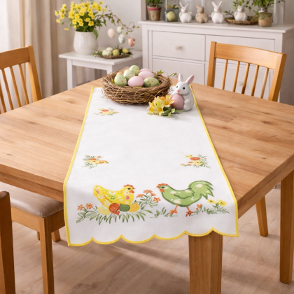 Veľkonočný vyšívaný behúň - šerpa Sliepočky s vajíčkami 5200