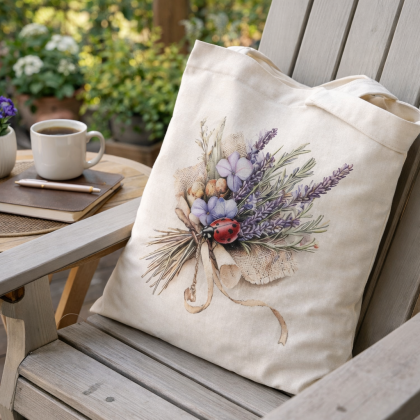 Nákupná taška bavlnená - 16 levanduľa a lienka