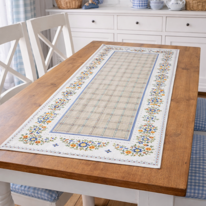 Bavlnený obrus – behúň s vidieckym folk motívom, 45 × 90 cm, 7921 Bavlnený obrus – behúň s vidieckym folk motívom, 45 × 90 cm, 7921