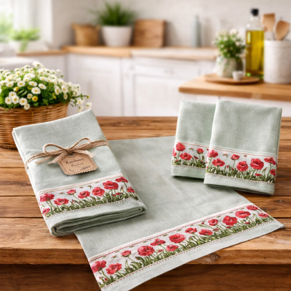 Bavlnená kuchynská utierka 7919 vlčie maky a levanduľa