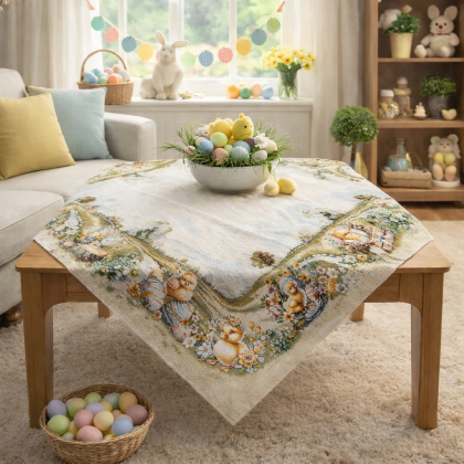 Veľkonočný jarný obrus chenille 073 kuriatko v košíku