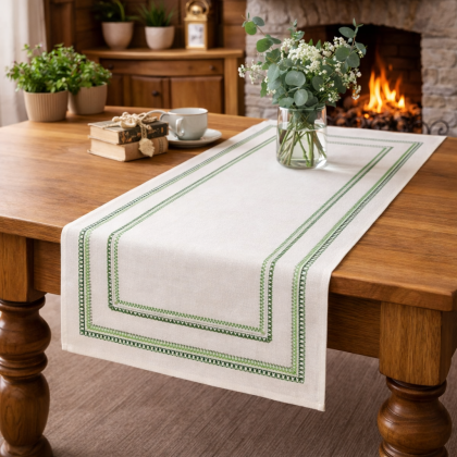 Behúň - šerpa vyšívaná 40x85 cm bielo zelený 0833